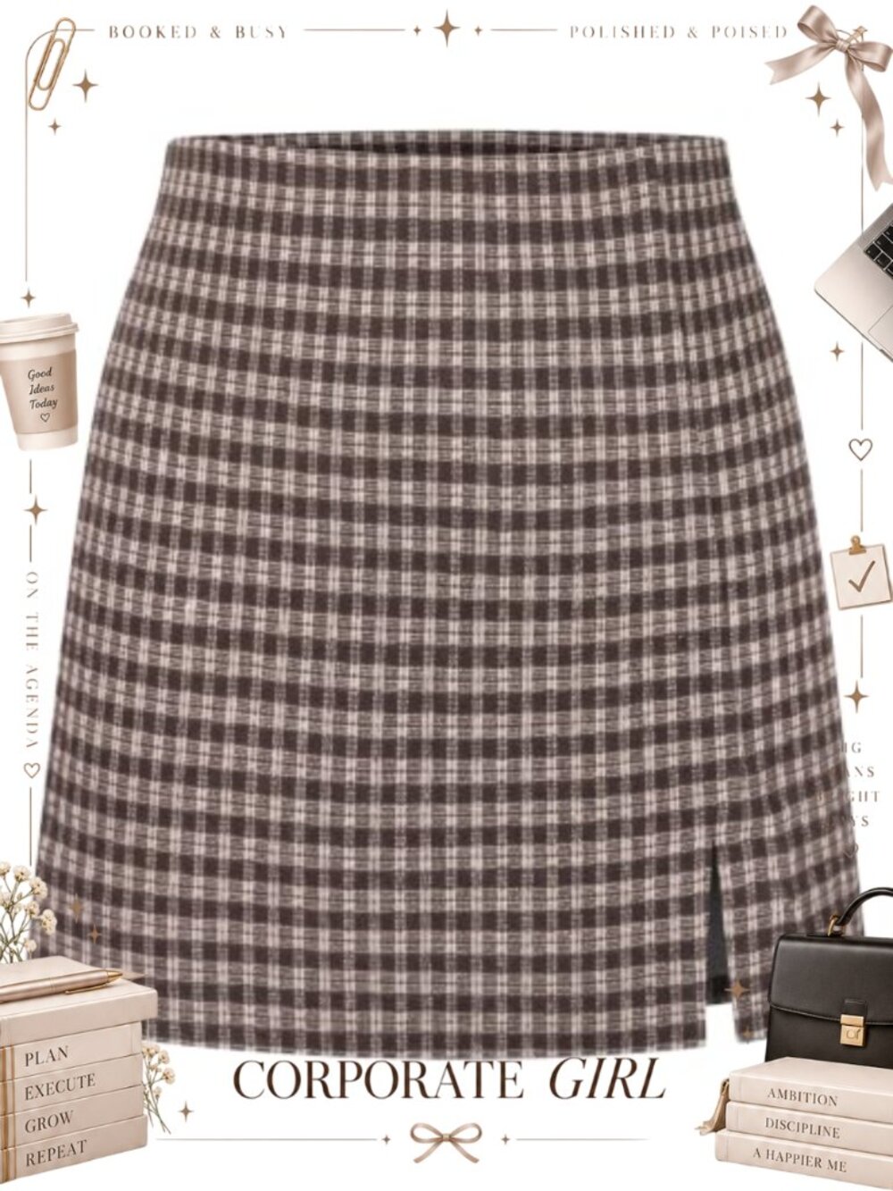 High Waisted Plaid Gingham Mini Skort Slit Fall Skirt